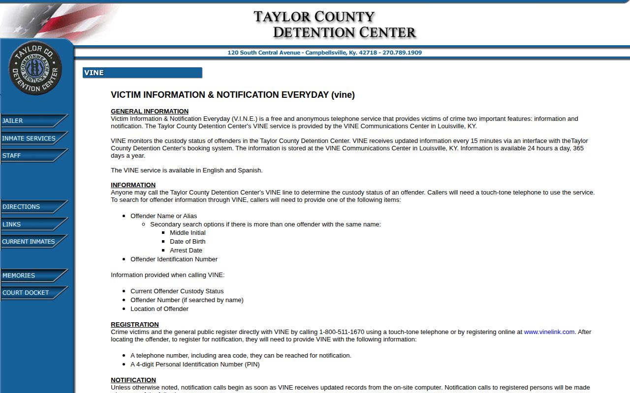 Taylor County VINE custody status instructions